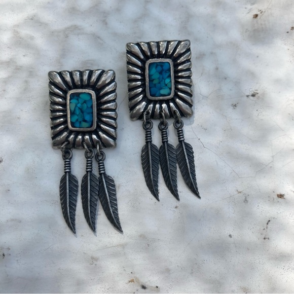 Vintage Jewelry - Signed Vintage Turquoise Silver Boho Feather Post Earrings